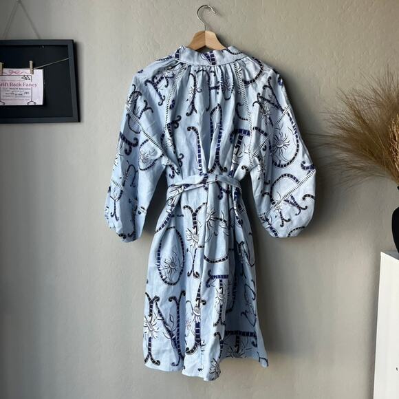 Oroton Dress Linen Lace Flower Smock Blue Floral Print Tie Neck Mini Dress 8 - Picture 8 of 10